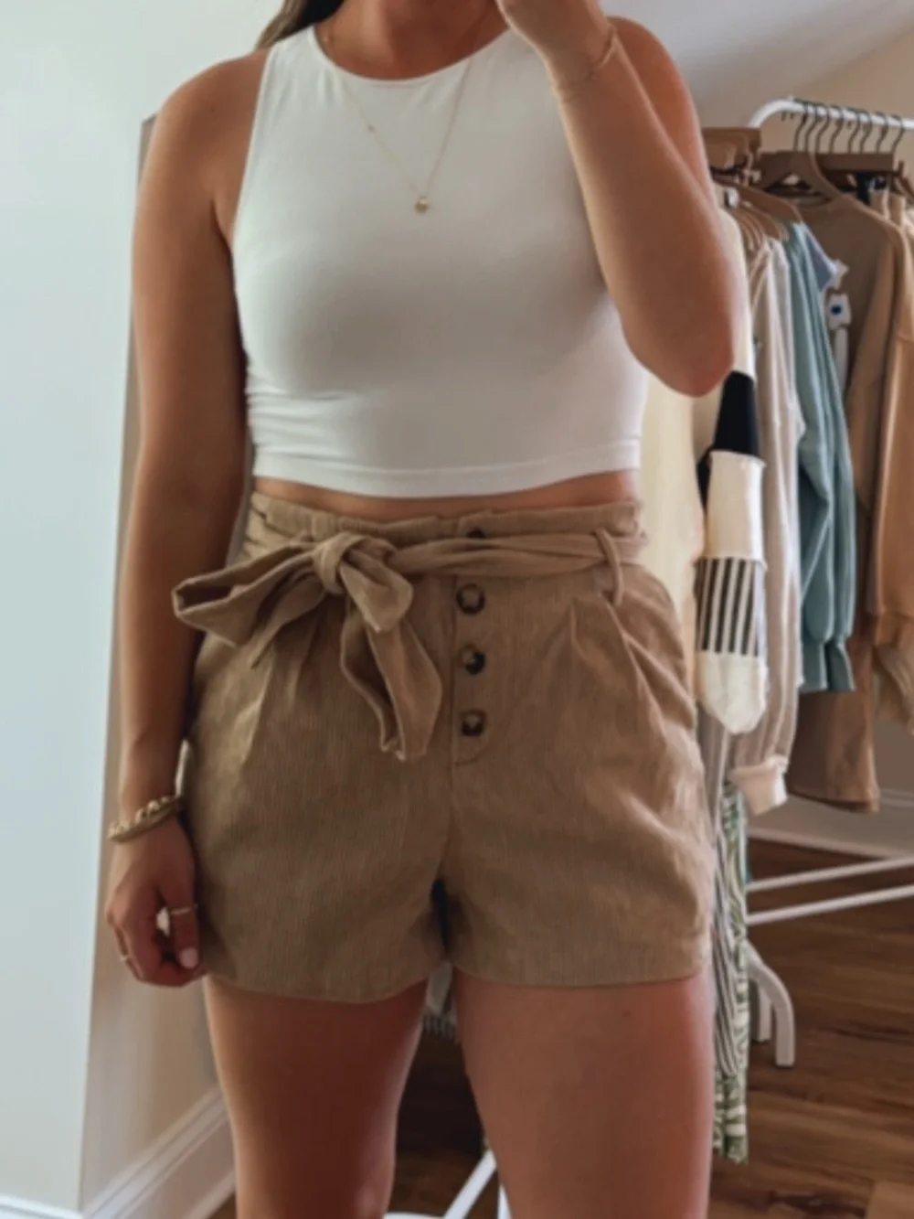 High-Rise Tan Paperbag Shorts with Tie Belt